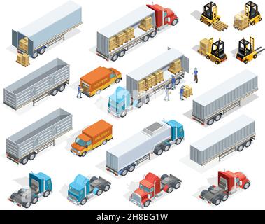 Set di elementi isometrici per il trasporto con rimorchi per autocarri carichi e vuoti scatole carrelli elevatori e lavoratori illustrazione vettoriale isolata Illustrazione Vettoriale