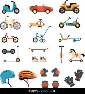 Sicurezza dei bambini protezione del corpo attrezzatura sportiva protezione delle immagini isolate con playcar biciclette impastate e caschi illustrazione vettoriale Illustrazione Vettoriale