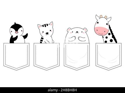 Animale carino in tasca set. Baby collezione di cartoni animati orso polare, gatto, giraffa e pinguino in tasche. Stampa infantile con animali divertenti per t-shirt. Illustrazione Vettoriale