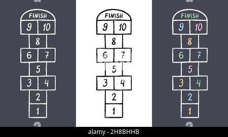 Hopscotch gioco di attività per bambini. Hopscotch con numeri di colore disegnati in gesso su asfalto. Giochi estivi all'aperto. Illustrazione vettoriale disegnata a mano Illustrazione Vettoriale