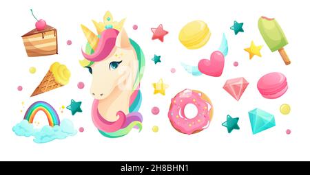 Simpatico viso unicorno in stile piatto con dolci elementi girlish. Illustrazione Vettoriale