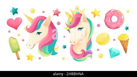 Simpatico viso unicorno in stile piatto con dolci elementi girlish. Illustrazione Vettoriale