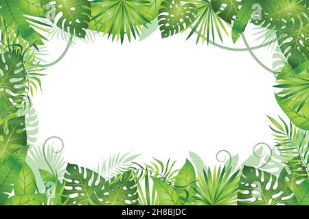 Sfondo giungla. Telaio di foglie tropicali. Piante fogliame foresta pluviale, alberi verdi di erba. Paradise african Wildlife Jungle Illustrazione Vettoriale