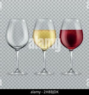 Wineglass. Svuotare con vino rosso e bianco in vetreria trasparente illustrazione vettoriale isolata Illustrazione Vettoriale