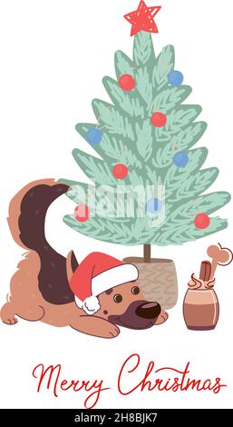 Biglietto di Natale con cane pastore tedesco sotto l'albero. Biglietto d'auguri vettoriale in stile piatto con scritta Buon Natale. Illustrazione Vettoriale