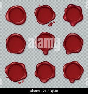 Guarnizione in cera. Originale gomma cerata vecchia busta documento vintage sigilli rosso approvare timbri isolato vettore 3d Set Illustrazione Vettoriale