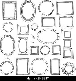 Cornice disegnata a mano. Doodle quadrato ovale cornici foto, scrapbook scricbble bordi vettoriale schizzo isolato set Illustrazione Vettoriale