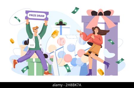 Illustrazione piatta del vettore dell'estrazione a premi. Fortunata ragazza vincere premi confezione regalo e premio in denaro nel gioco d'azzardo. Felice vincitrice donna vicino a tamburo di lotteria con palline di lotteria. Fortuna o fortuna concetto con carattere Illustrazione Vettoriale
