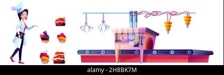 Dolciumi su fabbrica di caramelle e linea di produzione di torte isolate su sfondo bianco. Nastro trasportatore cartoon con prodotti dolciari e cupcake. Processo di fabbricazione di cottura di cibo dolce. Illustrazione Vettoriale