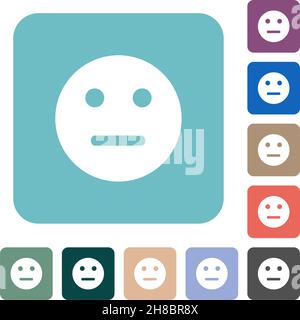 Icone piatte bianche a tinta unita dell'emoticon neutre su sfondi quadrati arrotondati a colori Illustrazione Vettoriale