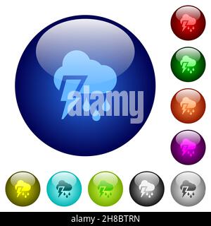Icone meteo tempestose su pulsanti in vetro rotondo in più colori. Struttura di livello disposta Illustrazione Vettoriale