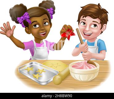 Ragazza e ragazzo Cartoon Chef Bambino Cook Kids Illustrazione Vettoriale