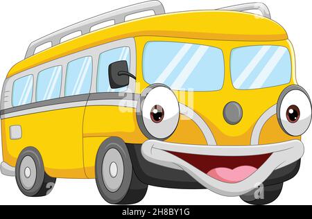 Cartoon sorridente personaggio giallo autobus Illustrazione Vettoriale