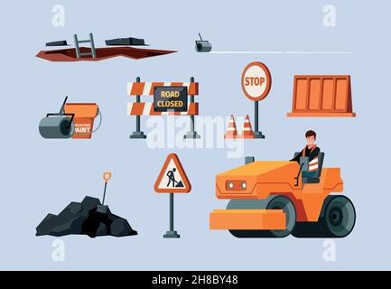 Riparazione su strada. Costruttori strumenti per lavoratori stradali macchine per supporto manutenzione set di illustrazioni vettoriali garish Illustrazione Vettoriale