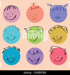 Grandi serie di volti fumetti colorati con varie emozioni gioiose. Illustrazione Vettoriale