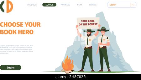 Atterraggio rangers all'aperto. National Park persone di protezione lavoro in legno campeggio scout avventura in foresta Garish vettore web modello pagina Illustrazione Vettoriale
