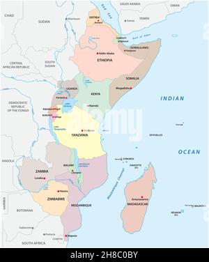 mappa vettoriale politica della regione dell'africa orientale Illustrazione Vettoriale