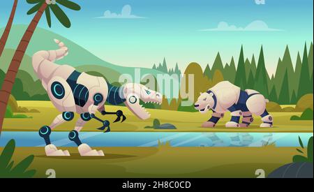 Scontri con gli animali. Acciaio corazzato futuristico arrabbiato selvaggio Smart tecnologie trasformatori animali vettore esatto sfondo cartoon Illustrazione Vettoriale