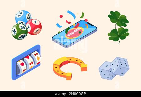 Lotteria isometrica. Grande fortuna premio possibilità vincere giochi slot bingo denaro lotteria casino giocatori garish vettore set Illustrazione Vettoriale