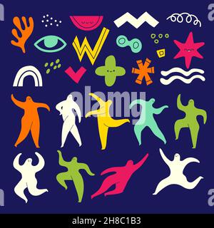 Sagome astratte. Doodle persone figure camminare in piedi diverse geometrie disegnate a mano colorate forme alla moda recenti illustrazioni vettoriali Illustrazione Vettoriale