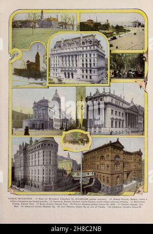 EDIFICI PUBBLICI. (1) Hall of Records, Chambers St, $10,000,000 struttura di granito. (2) Barge Office, Battery, dove ogni anno sbarcano un milione di immigrati. (3) Aquarium, Battery, ex Castle Garden, la più bella collezione di pesci del mondo. (4 ) Torre BELVIDERE, Central Park. (S) Band Stand, Central Park. (6) sede della polizia, Centre St, 1909. (7) squadra di traffico, Municipio. (8) Apellate Court, Madison Sq. (9) carcere cittadino, Centre St, sul sito delle Tombe. (10) Criminal Courts, Centre St dal libro " King's colour-graphs of New York City " pubblicato a New York da M. King, inc. Nel 1910 Foto Stock