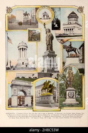 MONUMENTI. (1) Statua della libertà, New York Bay, alta 306 metri, di Bartholdi. (2) Arco dei soldati e dei marinai, Prospect Park. (3) Statua di Washington, Union Sq. (4) Chester A. Arthur, Madison Sq. (5) Monumento dei soldati e dei marinai, Riverside Park. (6) Washington Arch, Washington Park, Stanford White. (7) Sherman, Plaza, St. Gaudens. (8) Nathan Hale, City Hall Park, (9) FRANZ Sigel, Riverside Drive. (10) Tomba di Grant, alta 160 metri. (II) Gen. Josiah Porter, Van Cortlandt Park. Dal libro " King's colour-graphs of New York City " pubblicato a New York da M. King, inc. Nel 1910 Foto Stock