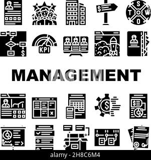 Business Management Business Icons Set Vector. Product Business Management and Presentation, CRM Marketing e SWOT Analysis, Earning Money e Launch Illustrazione Vettoriale