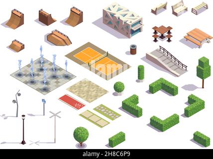 Moderno parco cittadino con set isometrico con skateboard ricreazione ciclismo tennis servizi panche lanterne fontane piante illustrazione vettoriale Illustrazione Vettoriale