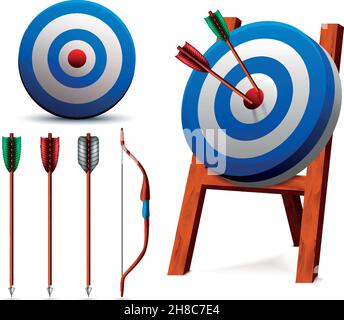 Set di bersagli blu bianco realistici e attrezzature per tiro con l'arco, tra cui arco e frecce immagine vettoriale isolata Illustrazione Vettoriale