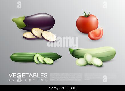 Verdure fresche realistiche con cetriolo di pomodoro di melanzane mature e. zucchine su sfondo grigio immagine vettoriale isolata Illustrazione Vettoriale