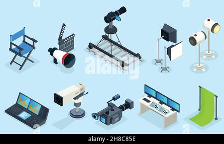 Elementi cinematografici isometrici insieme con sedia director diverse videocamere proiettori clapper apparecchiature audio registrazione decorazioni isolato vecto Illustrazione Vettoriale