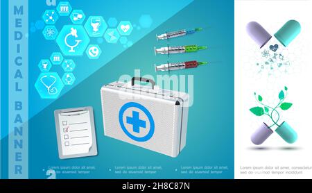 Medicina realistica composizione colorata con siringhe per blocco note capsule rotte medico riquadro e icone nell'illustrazione vettoriale degli esagoni Illustrazione Vettoriale