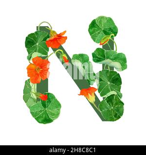 Acquerello lettera N fatta di fiori. Alfabeto botanico in fiore. Lettere isolate su sfondo bianco. Nasturzio disegnato a mano. Tipo di design moderno, Foto Stock