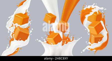 Colori realistici schizzi icona caramello set con cubi caramello e. il latte schizza l'illustrazione vettoriale Illustrazione Vettoriale