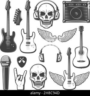 Set di elementi musicali rock vintage con cuffie con amplificatore per  cranio con chitarre immagine vettoriale isolata con movimento della mano  del microfono delle ali del mediatore Immagine e Vettoriale - Alamy