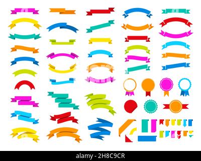 Striscioni a nastri piani isolati. Tag e banner, curve emblemi. Distintivi decorativi moderni. Set vettoriale ordinato per festeggiare, vincere o festeggiare l'anniversario Illustrazione Vettoriale