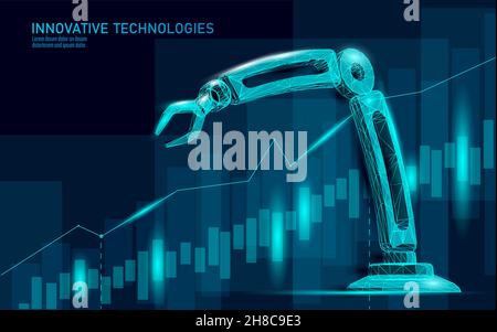 Manipolatore a basso contenuto di poli del braccio del robot. Forma triangolare dell'assieme di costruzione della parte. I punti poligonali connessi 3D rendono l'innovazione dei macchinari artificiali robotizzati Illustrazione Vettoriale