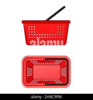 Set di 2 viste realistiche isolate del supermercato rosso i cestelli della spesa anteriori e superiori sono vuoti senza prodotti illustrazione vettoriale Illustrazione Vettoriale