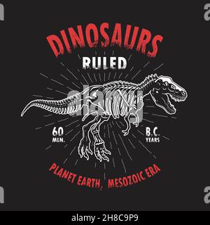 Stampa di t-shirt con scheletro di tirannosauro. Stile vintage Illustrazione Vettoriale