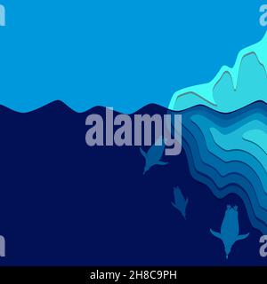 Illustrazione con iceberg e pinguini. Sfondo vettoriale colorato con posizione per il testo. Illustrazione Vettoriale