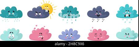 Fumetti meteo. Simpatico personaggio, emozioni cloud. Isolato arrabbiato, gioioso volti tristi. Disegno dell'acquazzone del bambino, icone nevose o piovose, insieme vettoriale di classe Illustrazione Vettoriale