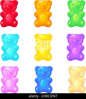 Orsacchiotti di gelatina. Caramelle di frutta per il bambino, marmellata di zucchero per i capretti, alimento cute dolce, illustrazione vettoriale ordinata del cartone animato. Collezione di dolciumi a base di orsetto di gelatina Illustrazione Vettoriale
