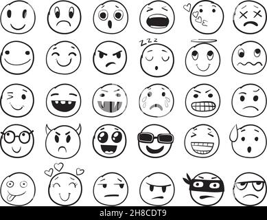 Set emoji Doodle. Pittogrammi di immagine di Doodles, facce divertenti di emozione di sorriso, icone di linea di emoticon di divertimento felice, mano triste disegnata, disegno pulito del vettore isolato. Illustrazione dell'espressione del volto emozionale Illustrazione Vettoriale