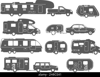 Silhouette per camper. Camper, camper, roulotte, roulotte, roulotte, camper, auto da viaggio, illustrazione del vettore isolato. Profilo furgone auto, camper da viaggio a casa Illustrazione Vettoriale