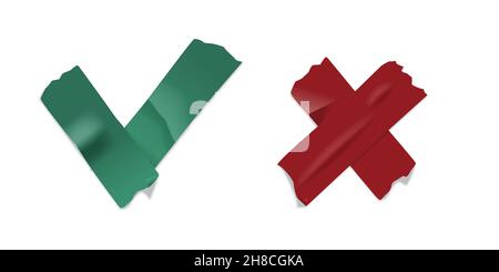 Cartelli adesivi per sì e no set. Croce rossa e segno di spunta verde in strisce adesive di carta per condotti, tagli, illustrazione vettoriale testurizzata e incollata. REA Illustrazione Vettoriale
