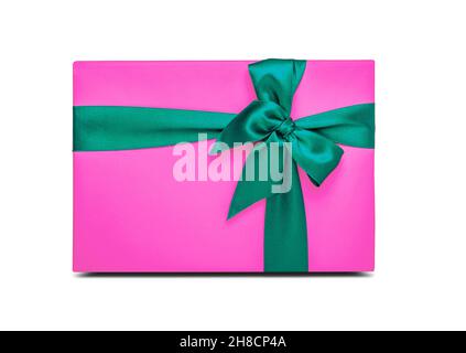 Confezione regalo rosa brillante con nastro verde. Foto Stock
