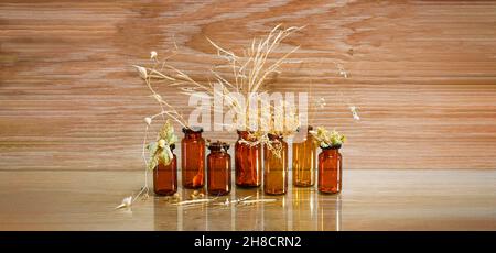 I fiori secchi sono gialli con semi, in bottiglie di vetro di vetro marrone scuro. Su sfondo di legno. Foto Stock