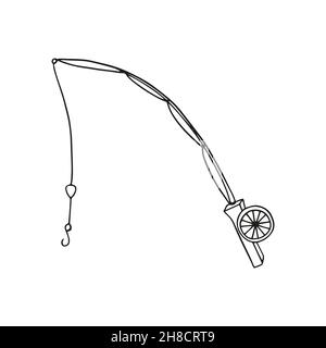 vettore doodle canna da pesca icona con un mulinello, pesca. isolato. Illustrazione Vettoriale