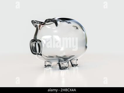 Un banco di piggy in vetro trasparente vuoto su uno sfondo bianco isolato - rendering 3D Foto Stock