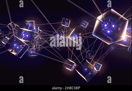 Una rete di blocchi e luci interconnessi che raffigurano i dati della catena di blocco della criptovaluta su sfondo scuro - rendering 3D Foto Stock